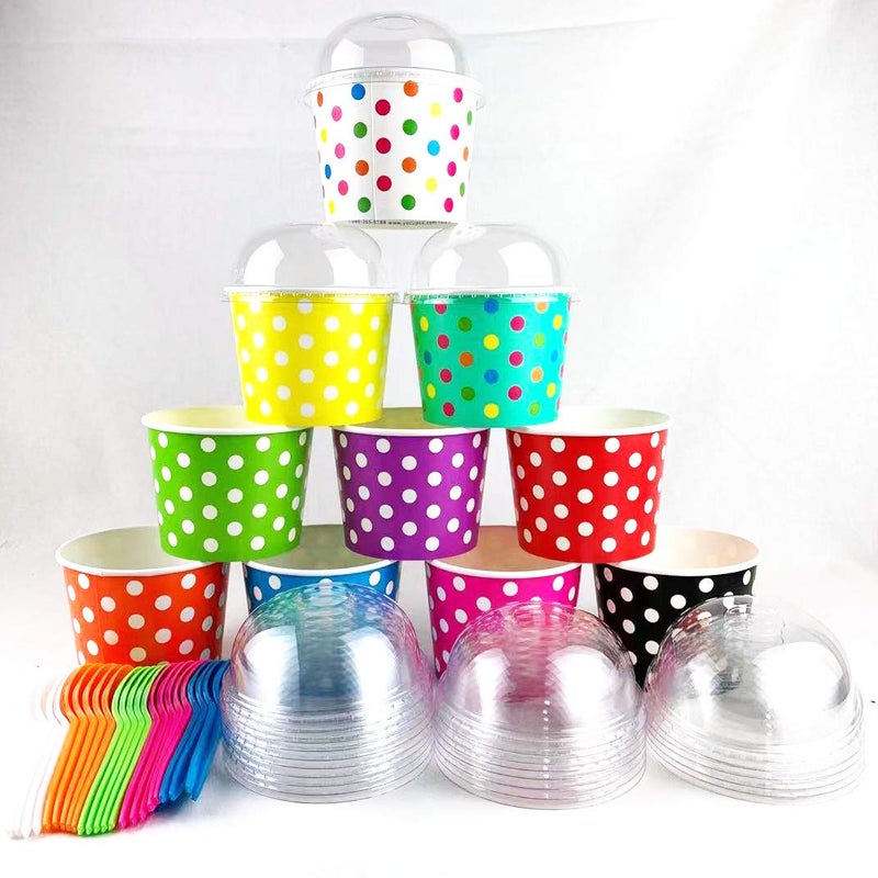 Worlds Paper Ice Cream Cups With Dome Lids No Hole and Plastic SpoonsPolka Dot 16OZ Mix 25 Set